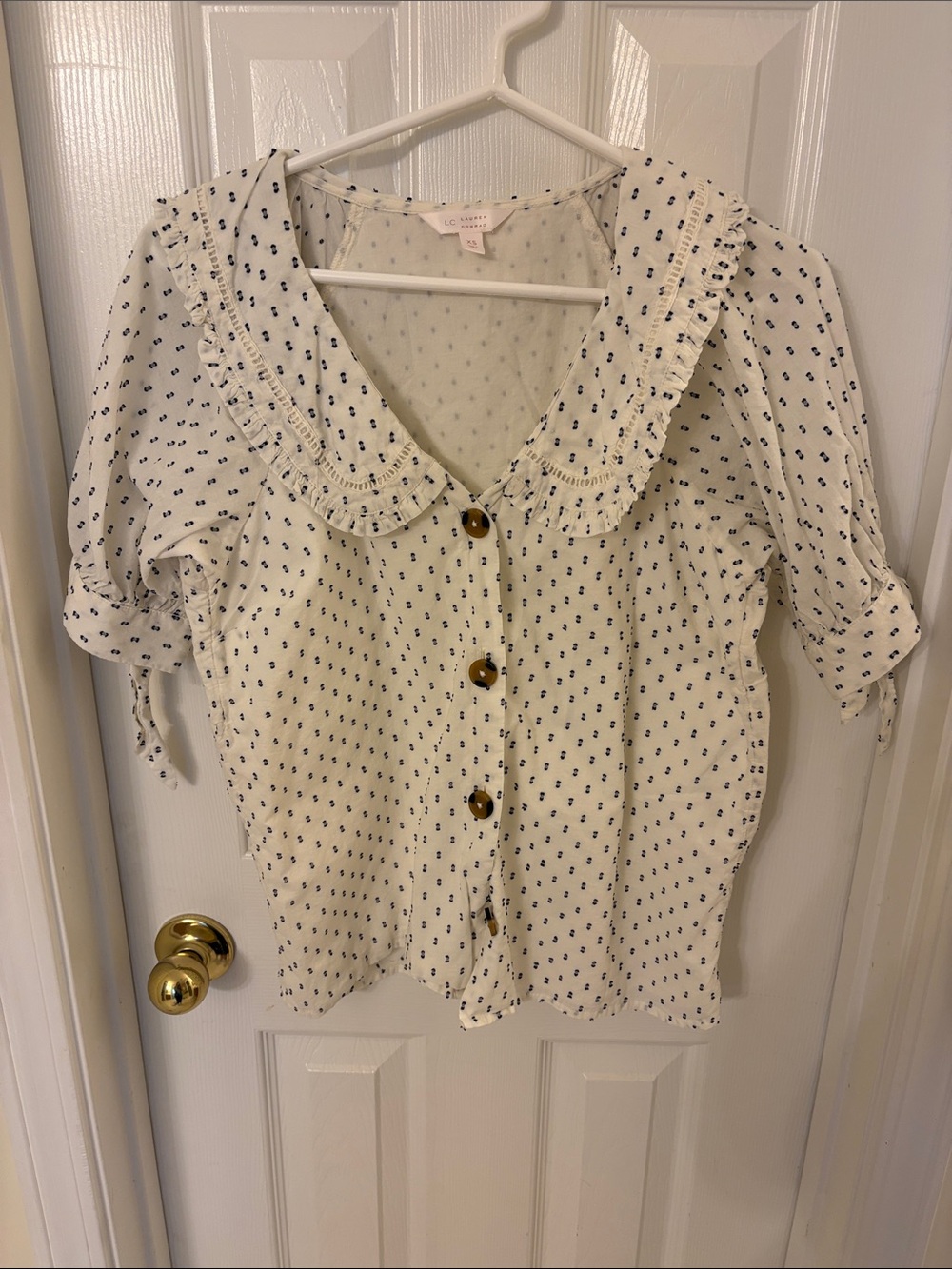 LC Lauren Conrad White Blouse with Navy Micro-Dot Print and Ruffle Collar